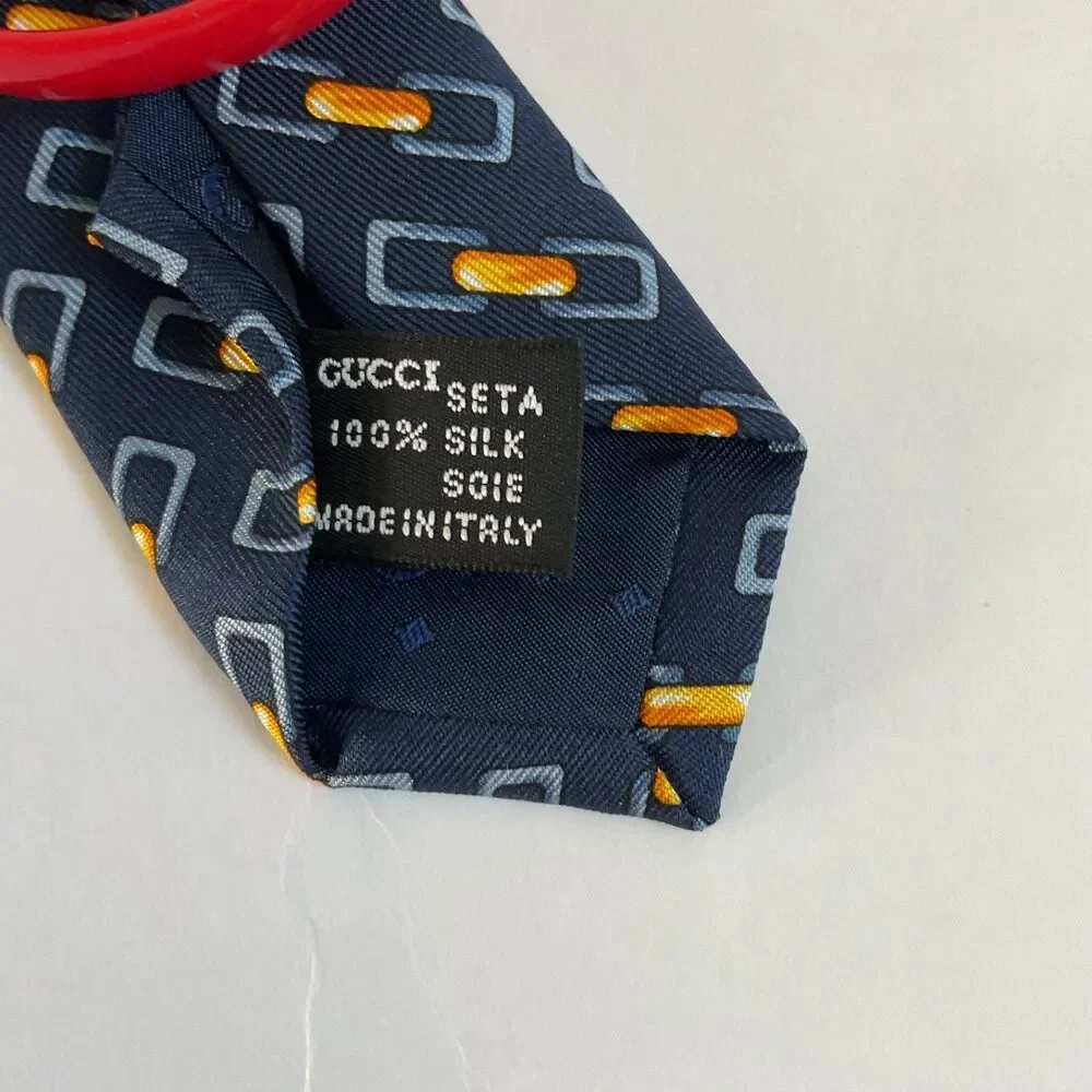 VTG Gucci Silk Tie Chain Link Geometric Navy Blue Orange Italy Luxury Classic